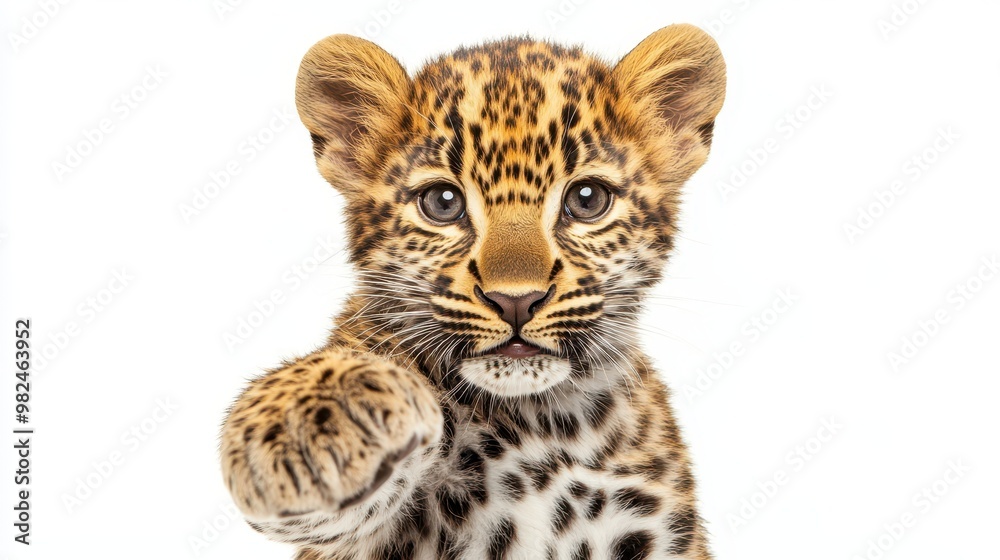Young leopard cub with spotted fur, playfully pawing forward, on a seamless white background Young leopard cub with spotted fur, playfully pawing forward, on a seamless white background