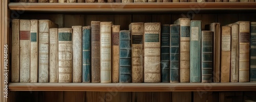 Dusty bookshelf in an abandoned study, cobwebs on the spines of forgotten books, forgotten library, mystery and history, Classical literary collections photo