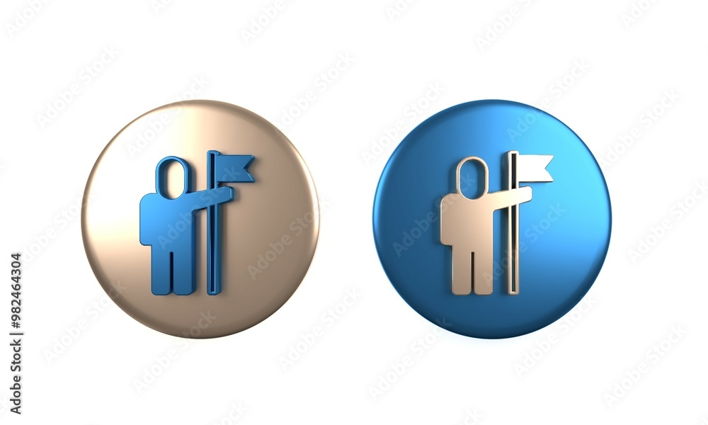 Colorful Man holding flag icon isolated on white background. Victory, winning and conquer adversity concept. Circle button. 3D render illustration Colorful Man holding flag icon isolated on white background. Victory, winning and conquer adversity concept. Circle button. 3D render illustration
