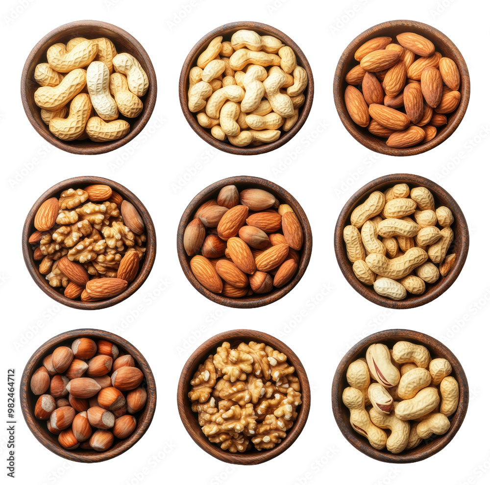 PNG Varied assortment of nuts in bowls on a table PNG Varied assortment of nuts in bowls on a table