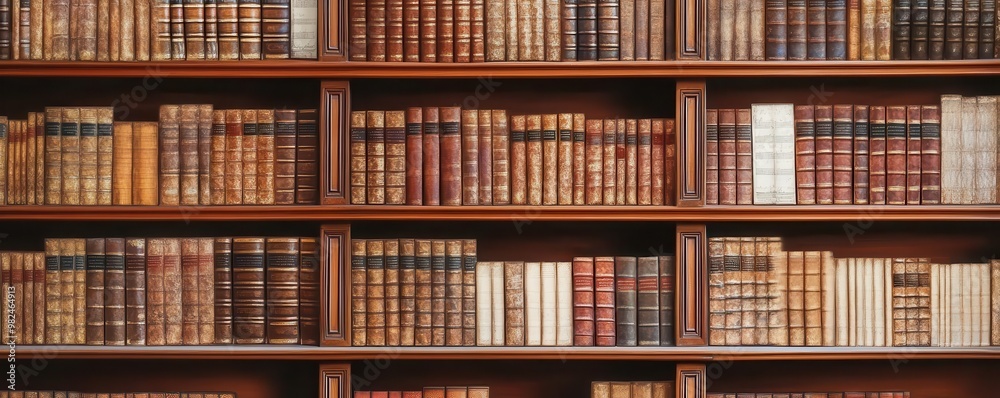 Old wooden shelves in a Victorian study, filled with well-read classics and ink-stained manuscripts, Victorian bookshelf, literary history, Classical literary collections Old wooden shelves in a Victorian study, filled with well-read classics and ink-stained manuscripts, Victorian bookshelf, literary history, Classical literary collections