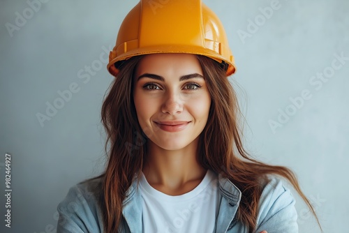 A woman wearing a yellow hard hat is smiling. She is wearing a white shirt and blue jeans