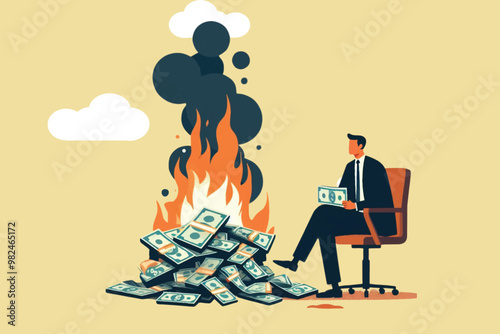illustration of a lazy businessman burning money and emitting black smoke, a symbol of financial waste