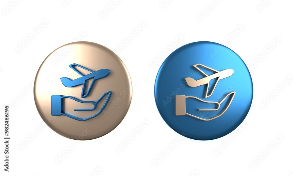Colorful Plane in hand icon isolated on white background. Flying airplane. Airliner insurance. Security, safety, protection, protect concept. Circle button. 3D render illustration Colorful Plane in hand icon isolated on white background. Flying airplane. Airliner insurance. Security, safety, protection, protect concept. Circle button. 3D render illustration
