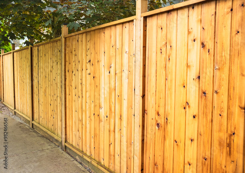 Big new wooden fence around the house and trees. . Street photo. Fencing and gates. Canadian Lumber, Red Cedar.