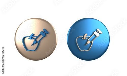 Colorful Genetically modified apple icon isolated on white background. GMO fruit. Syringe being injected to apple. Circle button. 3D render illustration