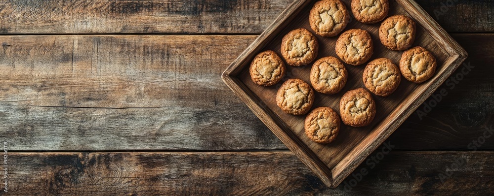 Freshly baked cookies arranged in a wooden tray on rustic background. Perfect for food photography and baking inspiration. Freshly baked cookies arranged in a wooden tray on rustic background. Perfect for food photography and baking inspiration.