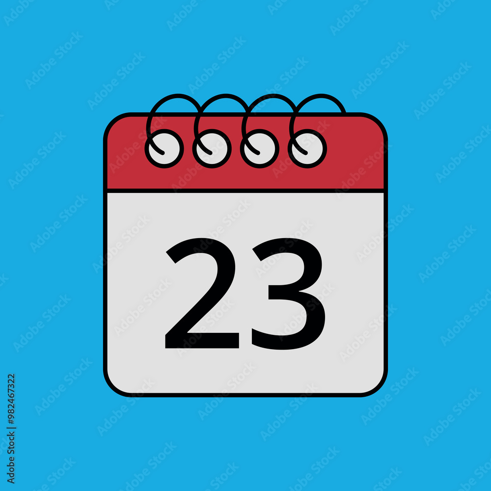 Red calendar flat icon isolated on blue background with specific day marked, day 23. Red calendar flat icon isolated on blue background with specific day marked, day 23.