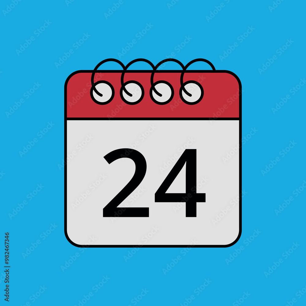 Red calendar flat icon isolated on blue background with specific day marked, day 24. Red calendar flat icon isolated on blue background with specific day marked, day 24.