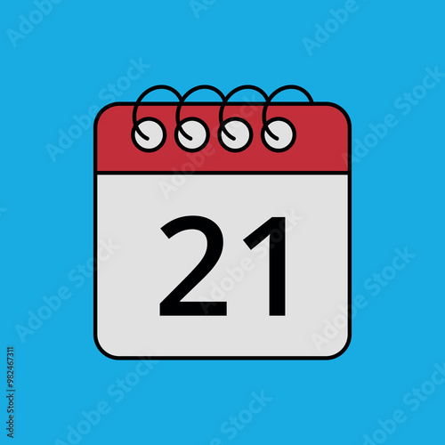 Red calendar flat icon isolated on blue background with specific day marked, day 21.