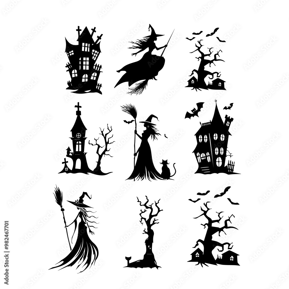 Spooky haunted house silhouettes for Halloween designs. A set of black haunted house silhouettes, including spooky trees and flying bats. Halloween Spooky haunted house silhouettes for Halloween designs. A set of black haunted house silhouettes, including spooky trees and flying bats. Halloween