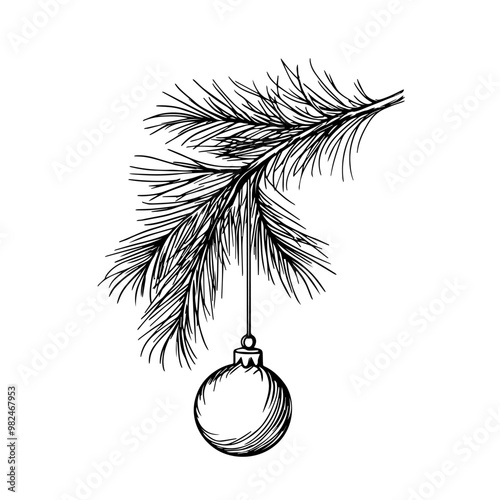 Christmas ornament on a pine branch hand-drawn in black and white. festive hand-drawn illustration of a Christmas ornament hanging on a pine branch. Perfect for holiday designs, cards, and decor