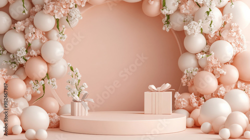 A pastel peach round podium framed by soft pink and white balloons, with a small gift box on display and a delicate floral arrangement for a joyful Mother's Day.