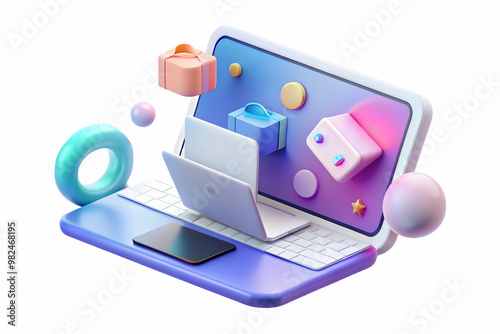 Wallpaper Mural Glossy Laptop on White Surface with Holographic Business & Coupon Symbols for Modern Digital Marketing & Business Promotions Torontodigital.ca