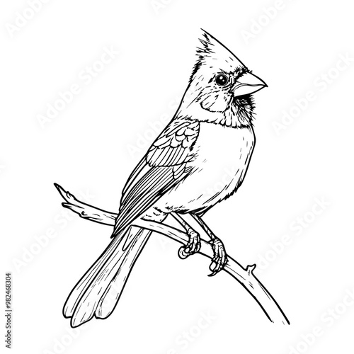 Cardinal bird perched on a branch in black and white line art. A detailed black and white illustration of a cardinal bird sitting on a branch, showcasing elegant line work