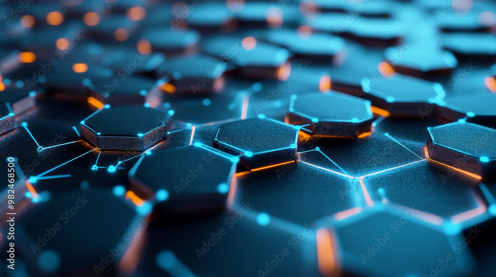 Abstract hexagonal grid in silver and blue hues, with small data nodes and lines connecting them, representing a global networking system. Abstract hexagonal grid in silver and blue hues, with small data nodes and lines connecting them, representing a global networking system.