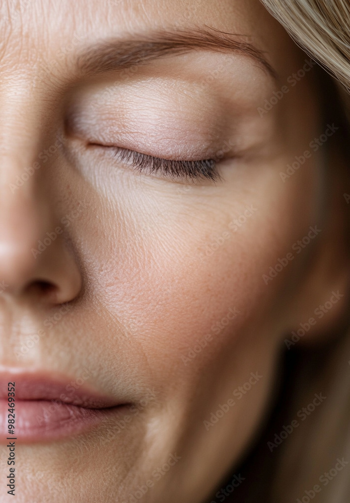 Fototapeta premium A close-up portrait of a woman with a serene expression, showcasing smooth skin and an eye gently closed.