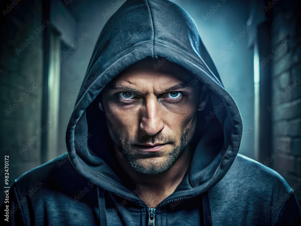Man scowls with an evil grin, hood up on the hoodie, surrounded by darkness, his eyes gleaming with malevolent intent in the shadowy room. Man scowls with an evil grin, hood up on the hoodie, surrounded by darkness, his eyes gleaming with malevolent intent in the shadowy room.