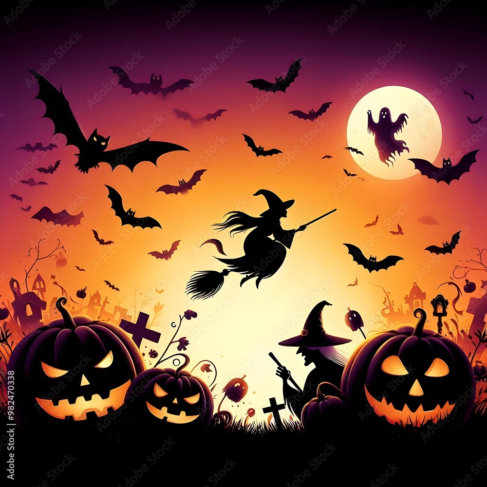 Spooky Halloween night with pumpkin and bat silhouettes against a dark, moonlit sky Spooky Halloween night with pumpkin and bat silhouettes against a dark, moonlit sky