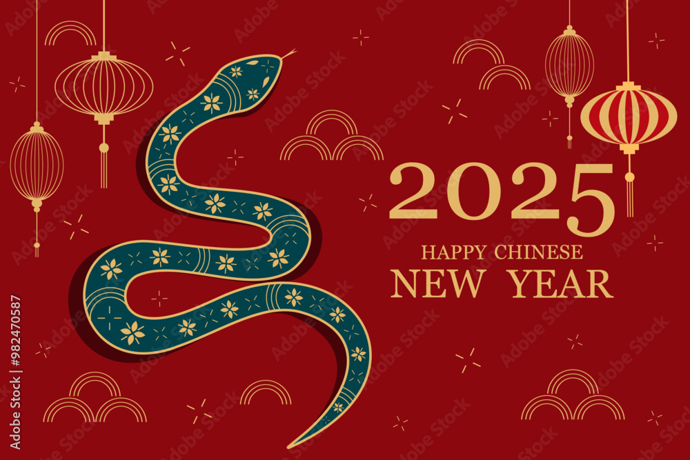 Fototapeta premium Symbol of Chinese New Year 2025. Year of the green wooden snake. Background with snake. . Vector illustration.