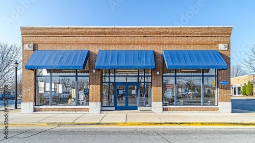 Street view of a store with blue awnings and a brick facade