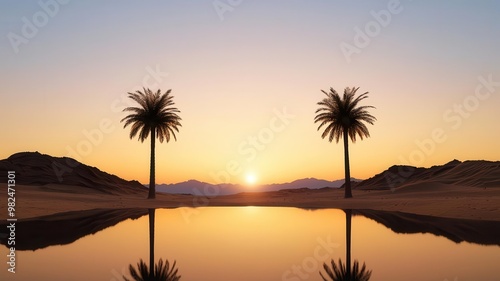 Sunrise over a tranquil desert oasis, with golden light illuminating the water and casting long shadows from the palm trees