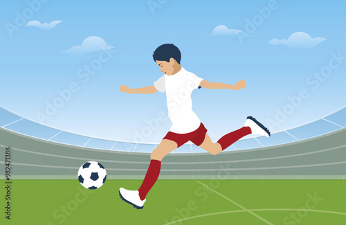 The boy plays football in the stadium. The boy kicks the ball. Professional children's football. Children's football team. Vector illustration. Flat design