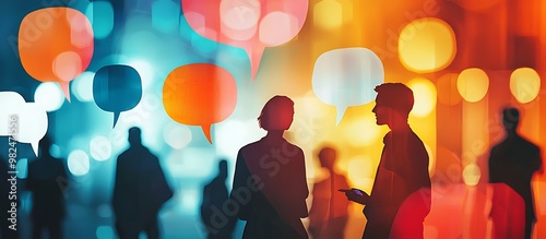 Abstract networking scene with people and vibrant dialogue bubbles.