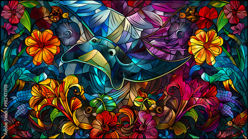 Stained glass vector-style image of beautiful manta ray , tropical flowers, bird feathers, color coordinated abstract expressionism surrealism apophysis paisley design