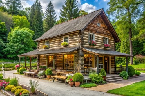 Nestled among verdant surroundings, this charming bakery and mercantile building blends rustic elegance with peaceful tranquility, evoking memories of simpler times. photo