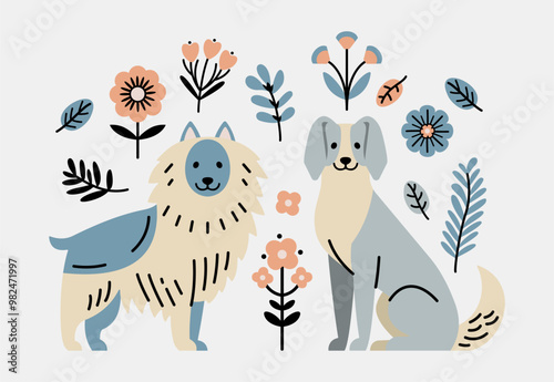 Vector Dogs with Floral Elements in Scandinavian Style Blue and Green palette