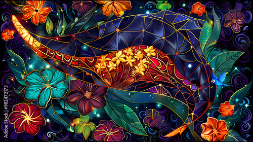 Stained glass vector-style image of beautiful manta ray , tropical flowers, bird feathers, color coordinated abstract expressionism surrealism apophysis paisley design