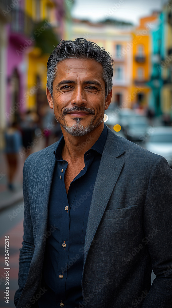 Obraz premium Hispanic man smiling at the camera and standing on the street in front of buildings