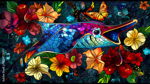 Stained glass vector-style image of beautiful manta ray , tropical flowers, bird feathers, color coordinated abstract expressionism surrealism apophysis paisley design