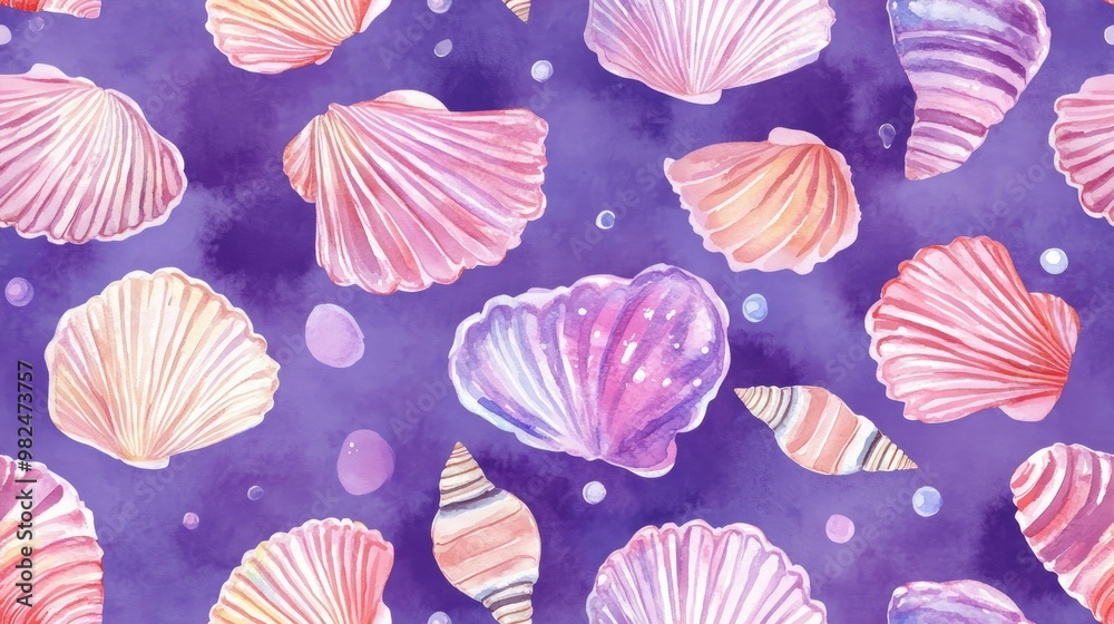 Seamless watercolor pattern featuring sea shells on a violet backdrop