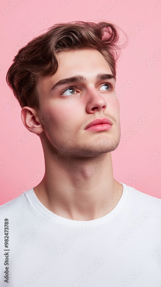 Portrait of a jaded young caucasian man isolated on pink background with copy space Portrait of a jaded young caucasian man isolated on pink background with copy space