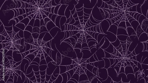 Seamless Halloween pattern featuring spider webs in a hand drawn sketch style Line art on a dark purple background photo