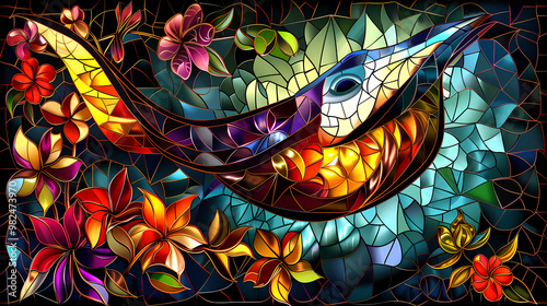 Stained glass vector-style image of beautiful manta ray , tropical flowers, bird feathers, color coordinated abstract expressionism surrealism apophysis paisley design