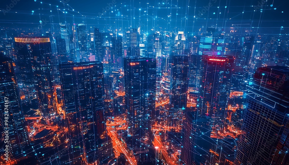 Fototapeta premium Downtown from above at night, traced with glowing network lines across finance districts.