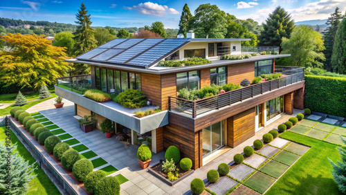 A modern eco-friendly home with solar panels, green roof, and recycled material fencing, surrounded by lush greenery, promoting a sustainable and environmentally responsible lifestyle. photo