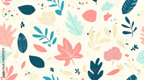 Spring themed seamless pattern background featuring flat leaf elements in a playful style for children