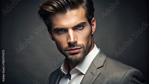 Professional male model exudes confidence with his rounded features and stylish haircut, perfect for 25-30 year olds. photo