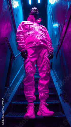 Male model wearing a pink and purple tracksuit, standing in a dark blue room with neon lights. The image has a high fashion style. photo