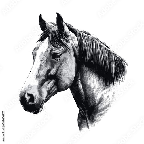 Horse monochrome ink sketch vector drawing, engraving style illustration