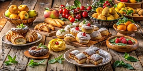 Rich aromas of traditional Sicilian pastries fill the air, nestled among rustic wooden planks and amidst a colorful medley of Mediterranean fruit. photo