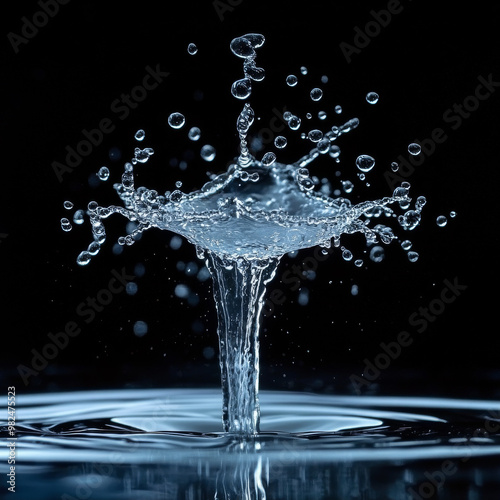 A stunning photograph shows a water splash frozen in mid-air, like a symphony of droplets against a dark background. The splash creates beautiful patterns and textures.