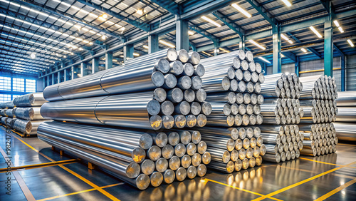 Stacks of thick aluminum rods bundled and organized in a warehouse, awaiting remelting for production of foil, alloys, and various metal products in metallurgy industry.