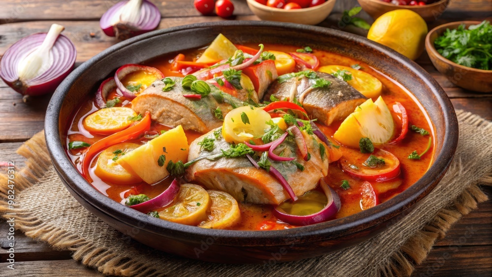 Succulent fish and seafood are layered with caramelized onions and baby potatoes, then slow-cooked in a fiery broth. Succulent fish and seafood are layered with caramelized onions and baby potatoes, then slow-cooked in a fiery broth.