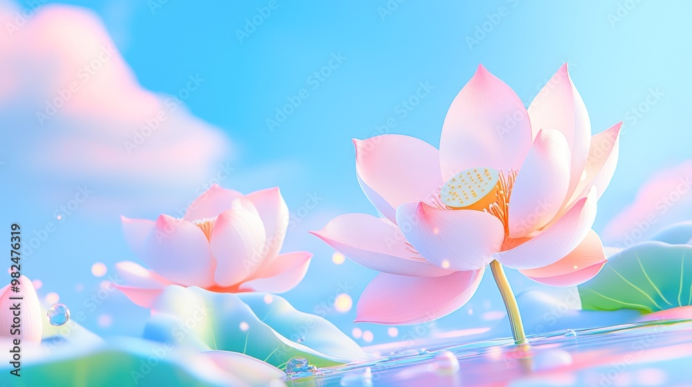 A serene close-up of blooming pink lotus flowers floating on calm water, set against a soft, dreamy blue sky with clouds ideal for spa, wellness, and relaxation themes, A serene close-up of blooming pink lotus flowers floating on calm water, set against a soft, dreamy blue sky with clouds ideal for spa, wellness, and relaxation themes,