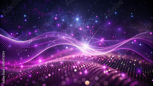 Vibrant purple wave of light undulates across a dark abstract background, punctuated by shimmering dots and stars, evoking a sense of cosmic energy and futuristic dynamism.